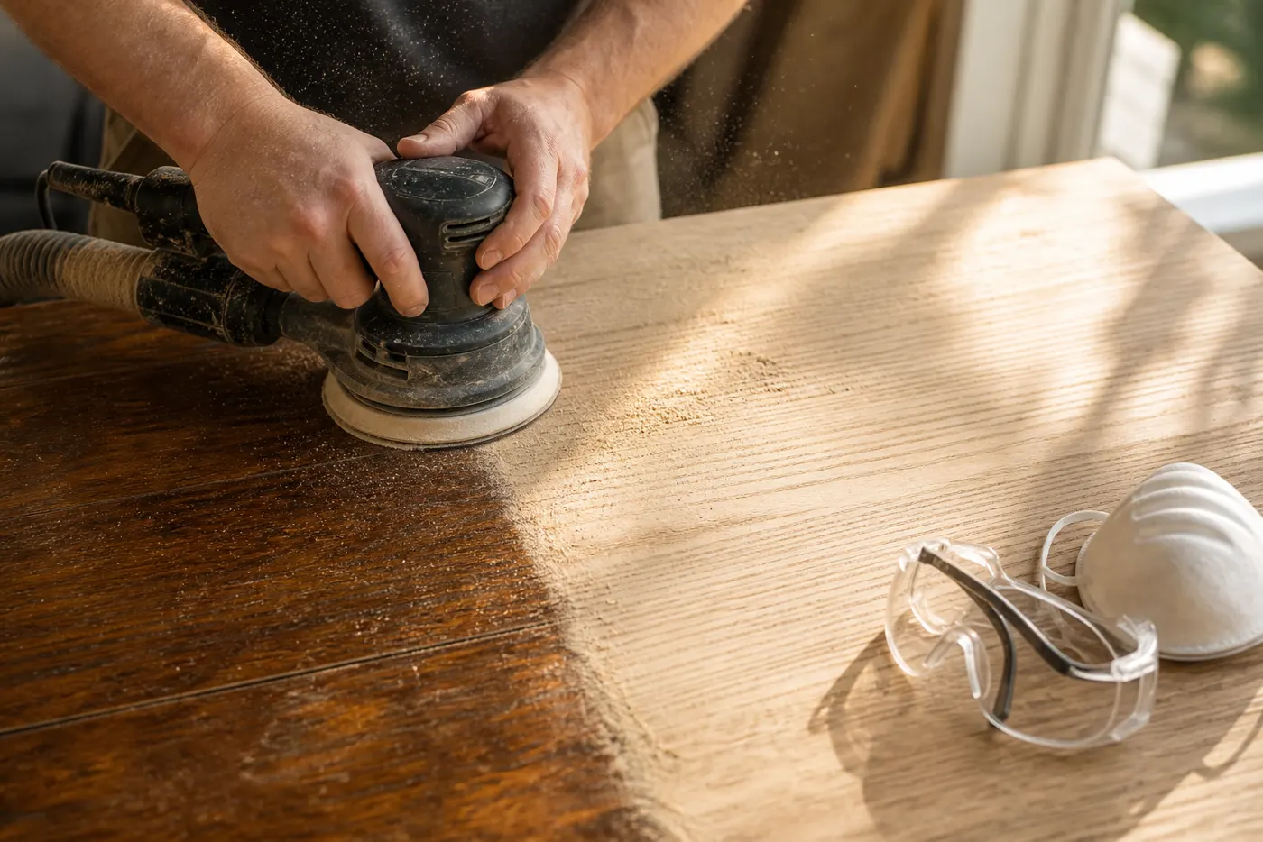 Ponçage d’une table en bois