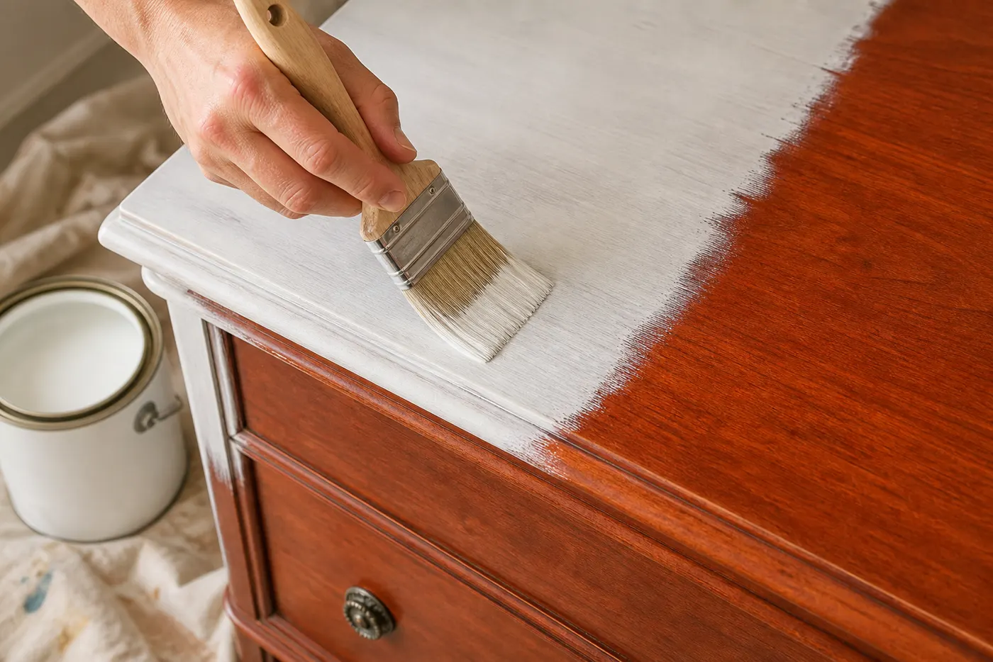 Sous-couche blanche sur meuble en merisier