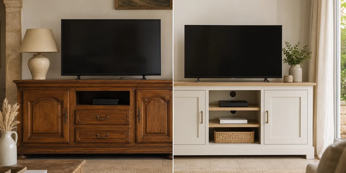 Meuble TV ancien modernisé avec une teinte sombre et mate