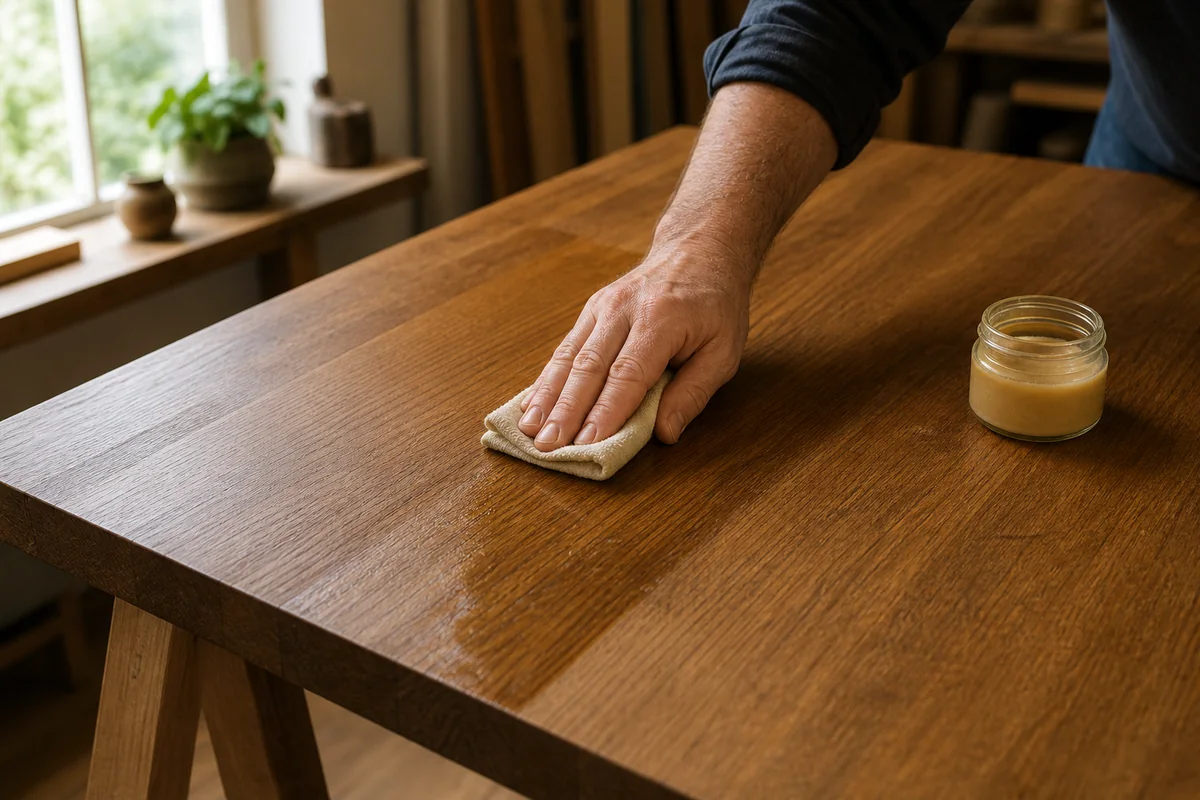Application d’une finition sur plateau bois