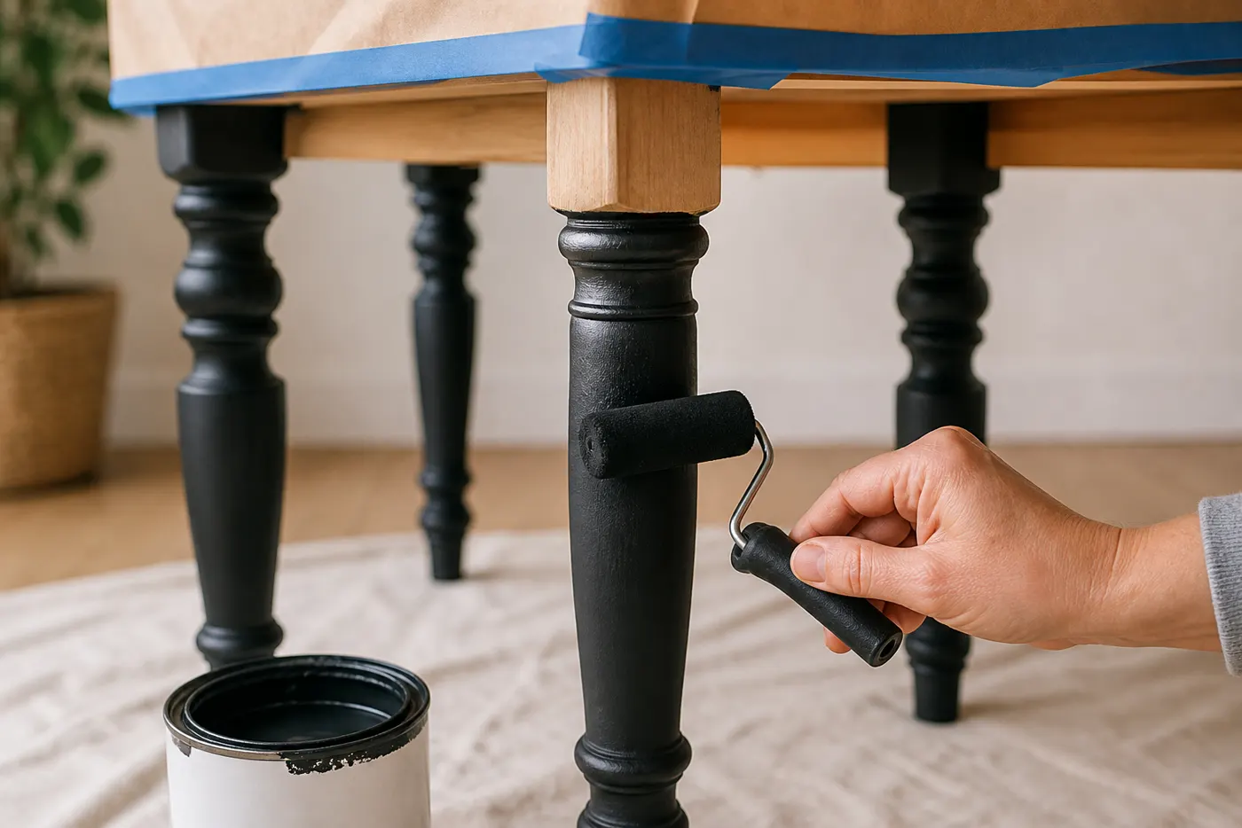 Peinture noire appliquée sur un pied de table