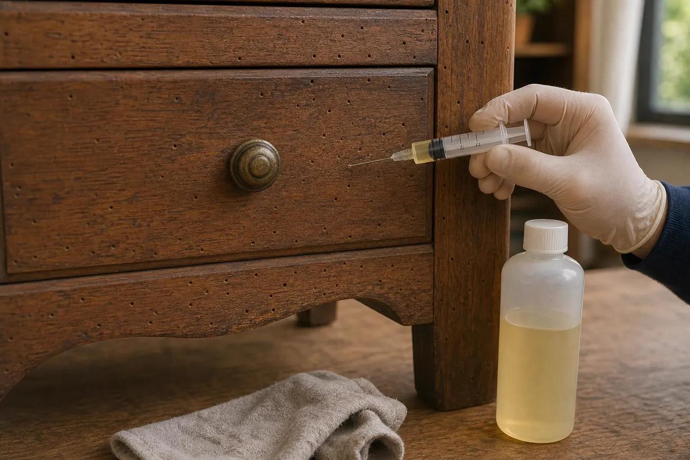 Injection de traitement bois dans les trous