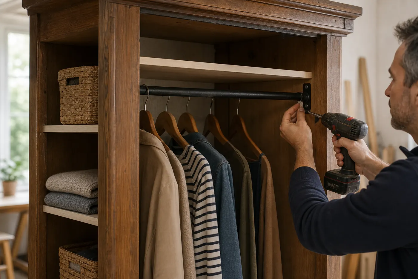 Installation d’étagères et tringle dans armoire