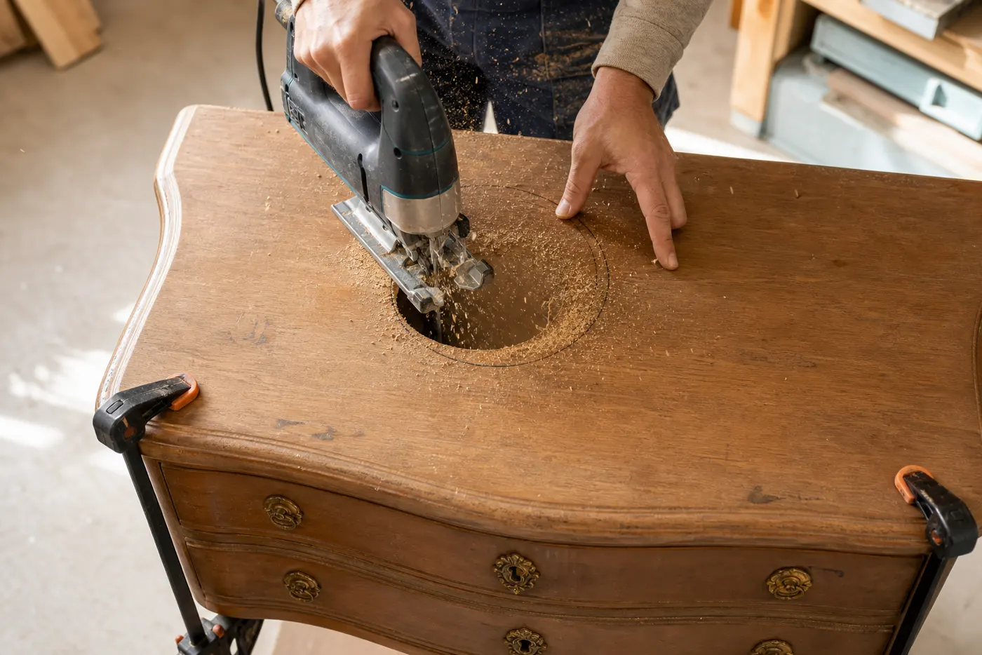 Découpe du plateau pour une vasque