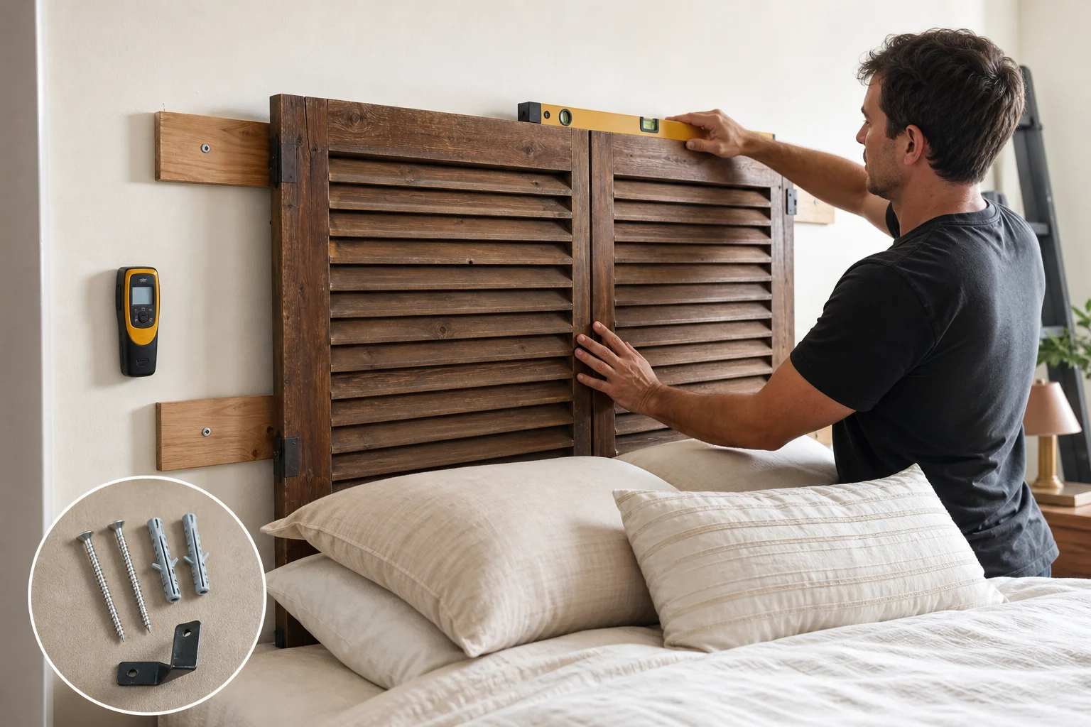 Fixation de volets au mur derrière un lit