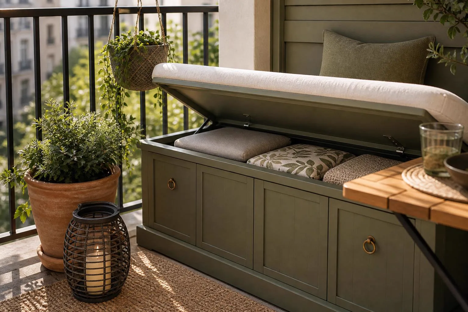 Détail de banquette coffre relookée sur balcon avec coussins outdoor