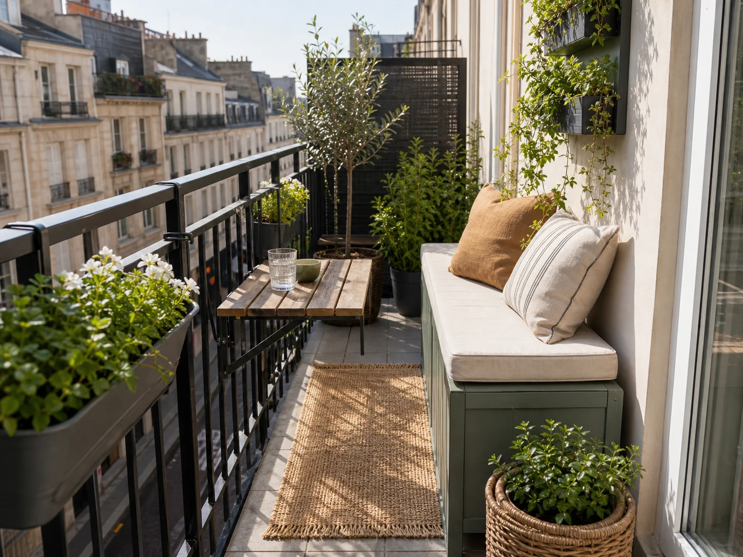 Balcon urbain transformé en mini salon extérieur