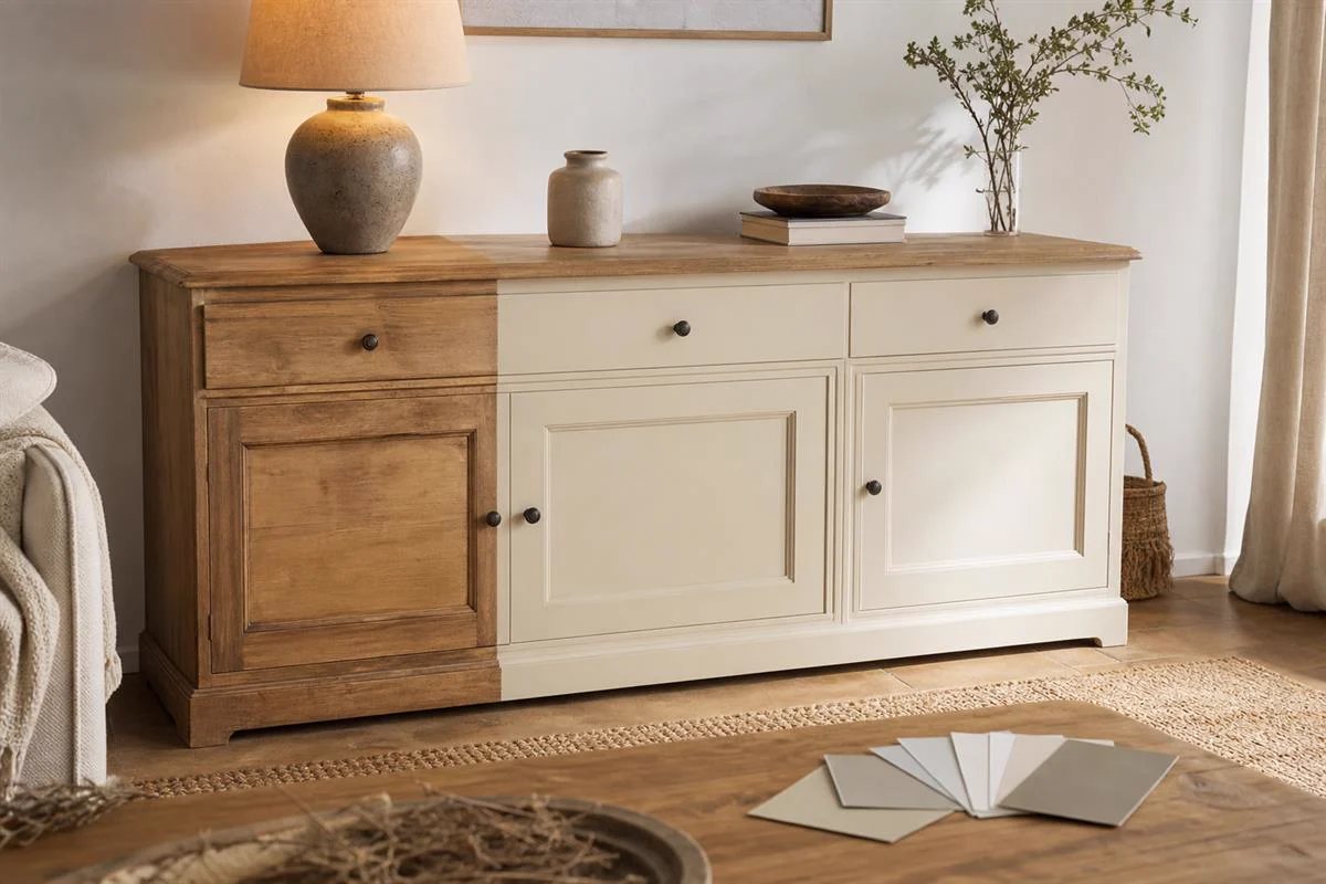 Meuble ancien partiellement peint avec plateau bois apparent