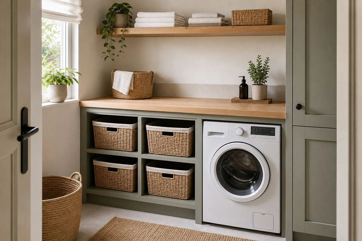 Buanderie compacte avec meuble de tri relooké et plan de pliage
