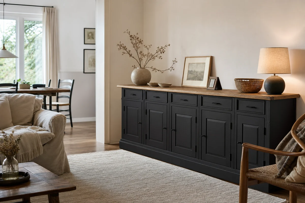 Buffet rustique massif allégé dans un salon familial clair