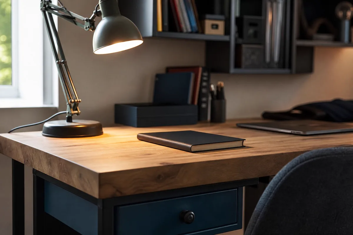 Détail de bureau bleu nuit avec métal clair et rangement compact