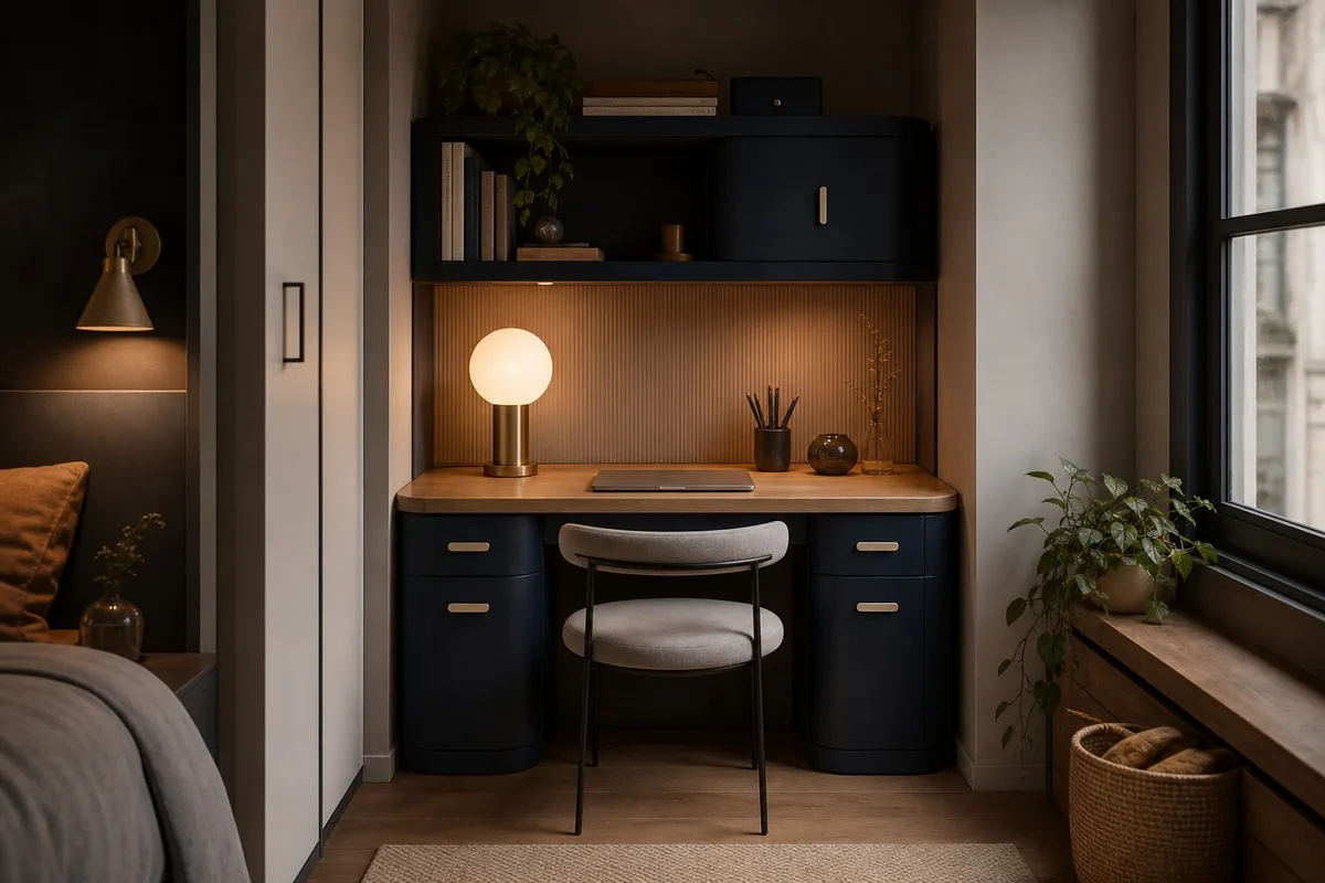 Micro bureau cabine spatiale douce avec rangements arrondis