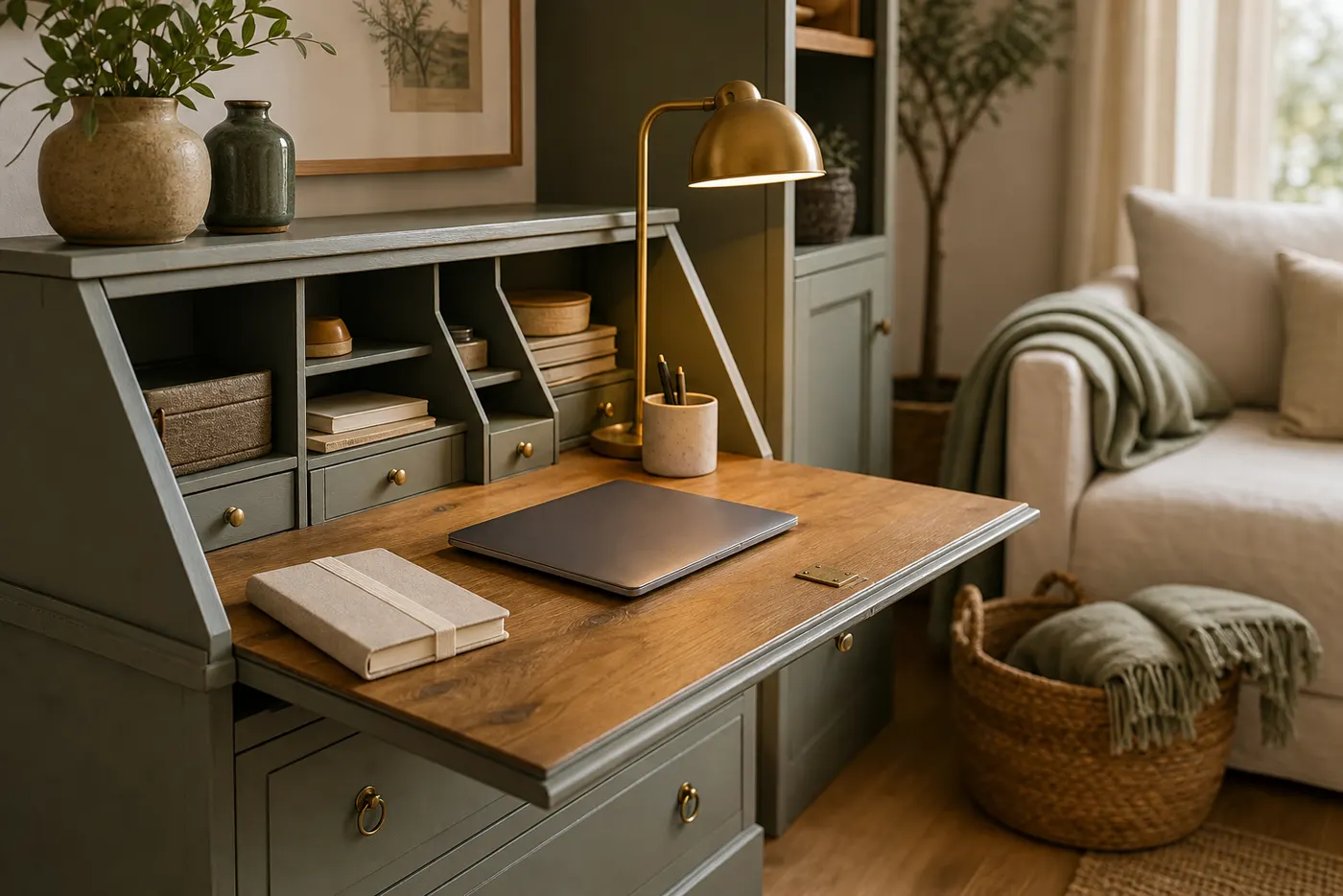 Détail de secrétaire ancien relooké pour télétravail compact