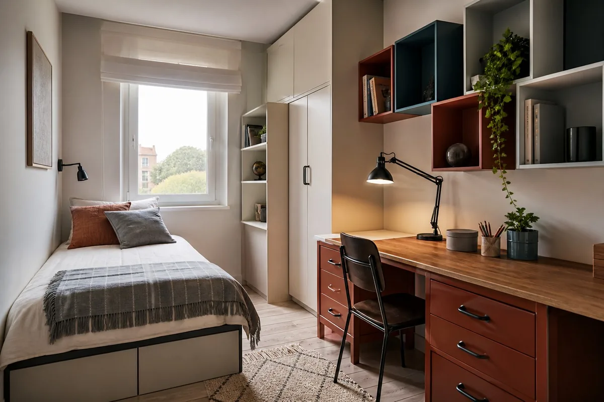 Chambre ado avec bureau chiné et casiers graphiques