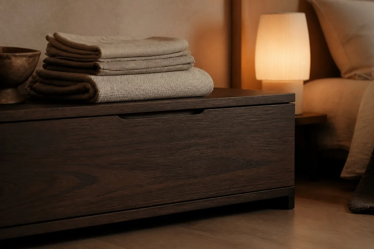 Détail de coffre bas en bois foncé dans une chambre capsule