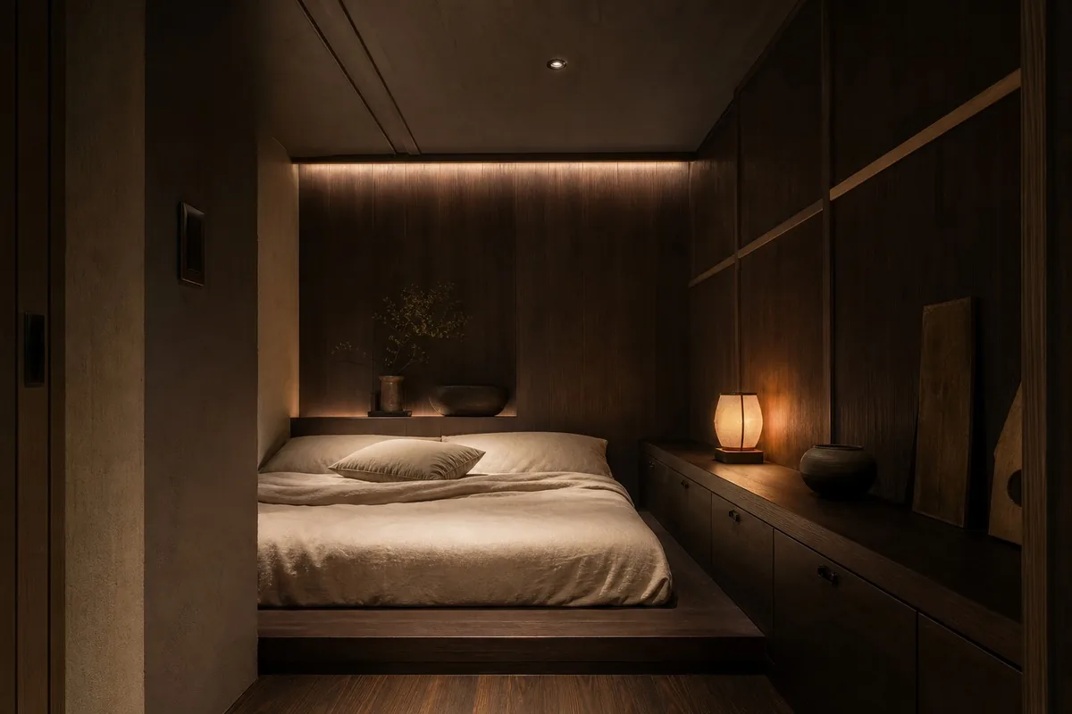 Petite chambre capsule japonaise sombre avec rangements bas