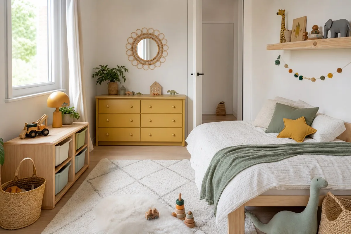 Chambre enfant avec commode colorée et rangements bas