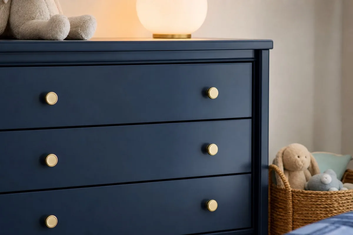 Détail de commode bleu nuit avec poignées dorées sobres