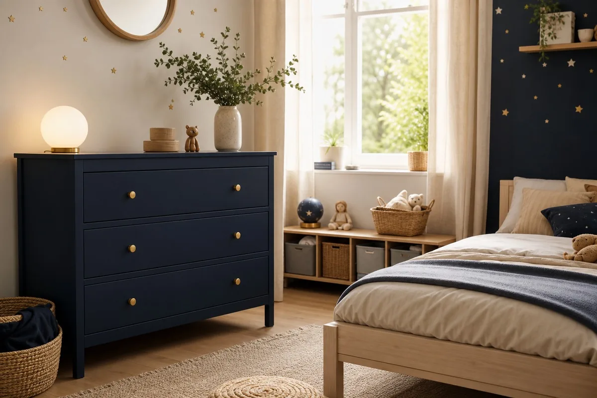 Chambre enfant cosmos chic avec commode bleu nuit