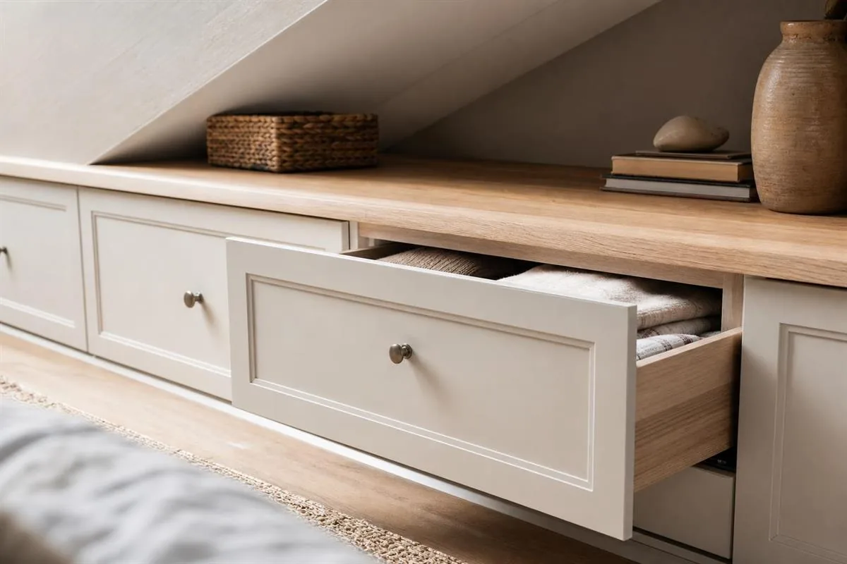 Détail de rangement bas relooké sous pente