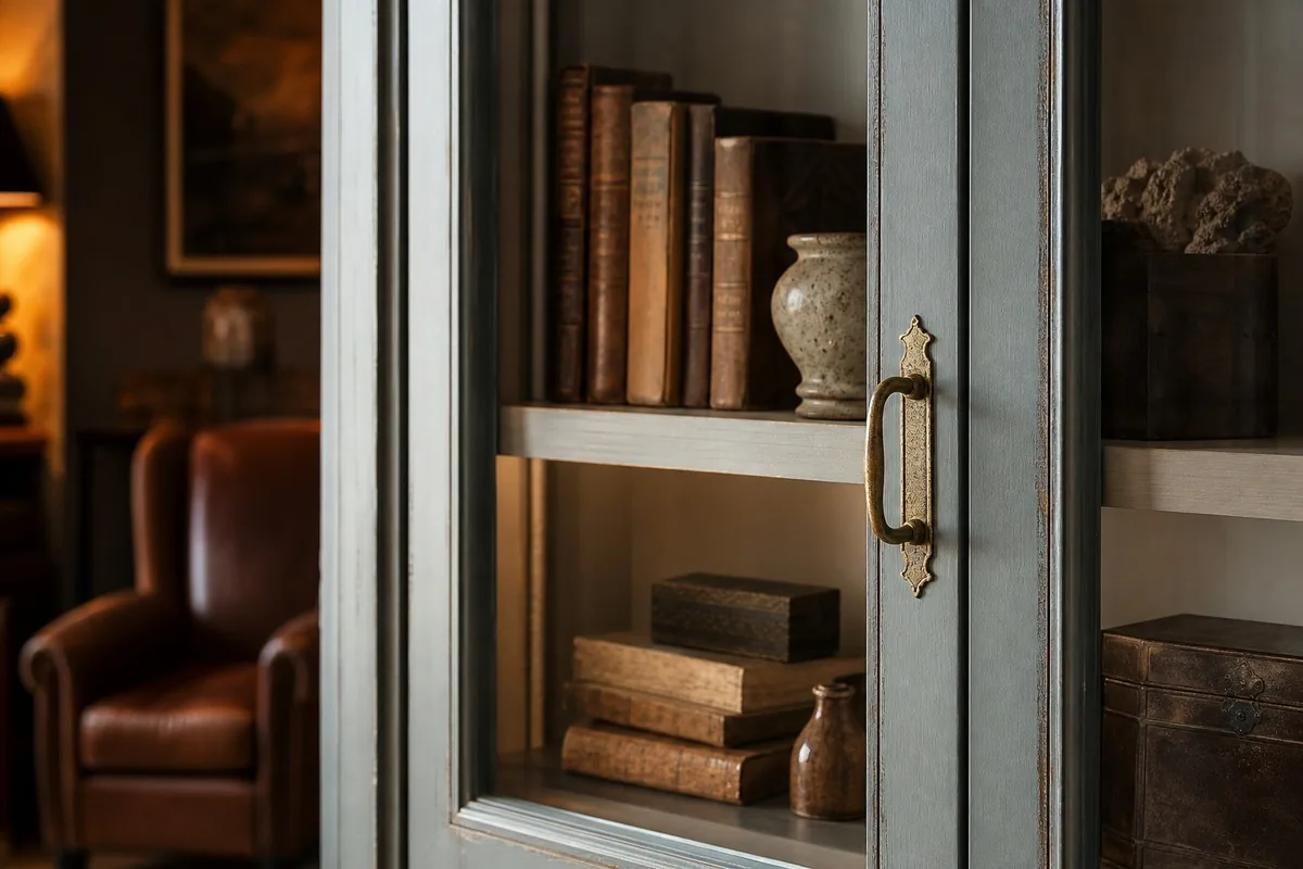 Détail de vitrine repeinte avec objets choisis