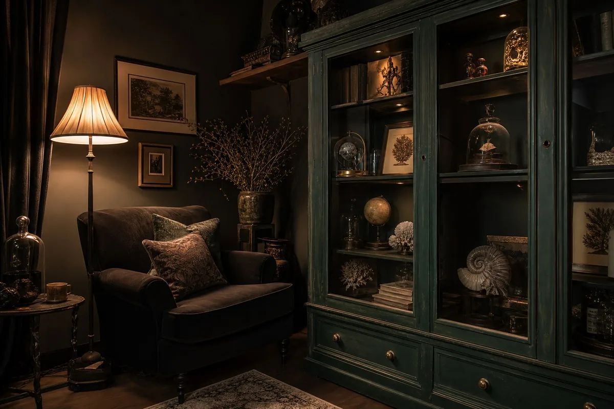 Coin lecture cabinet de curiosités avec vitrine repeinte