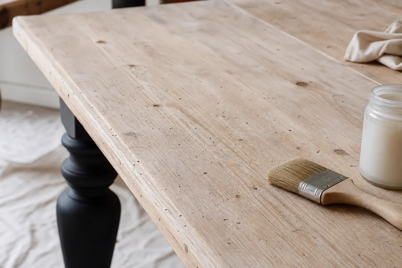 Détail de plateau de table rustique poncé et verni mat