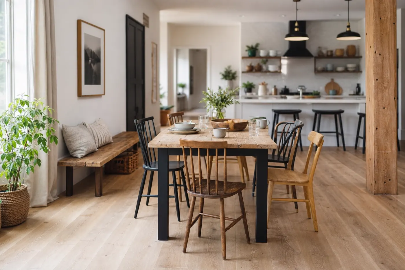 Coin repas familial avec table rustique modernisée