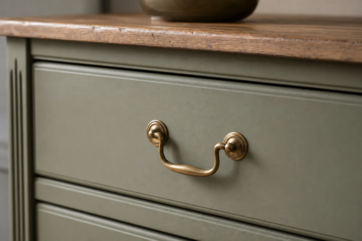 Détail de commode ancienne avec poignée remplacée et finition mate