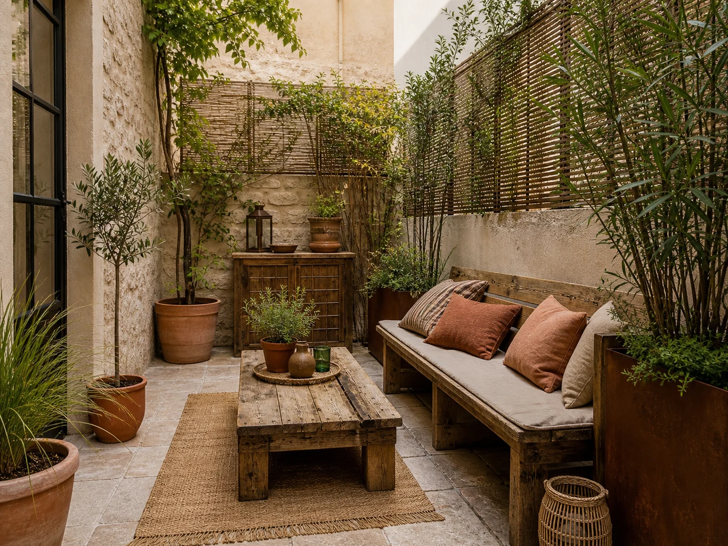Patio minéral avec banc récupéré, jardinières hautes et intimité verticale