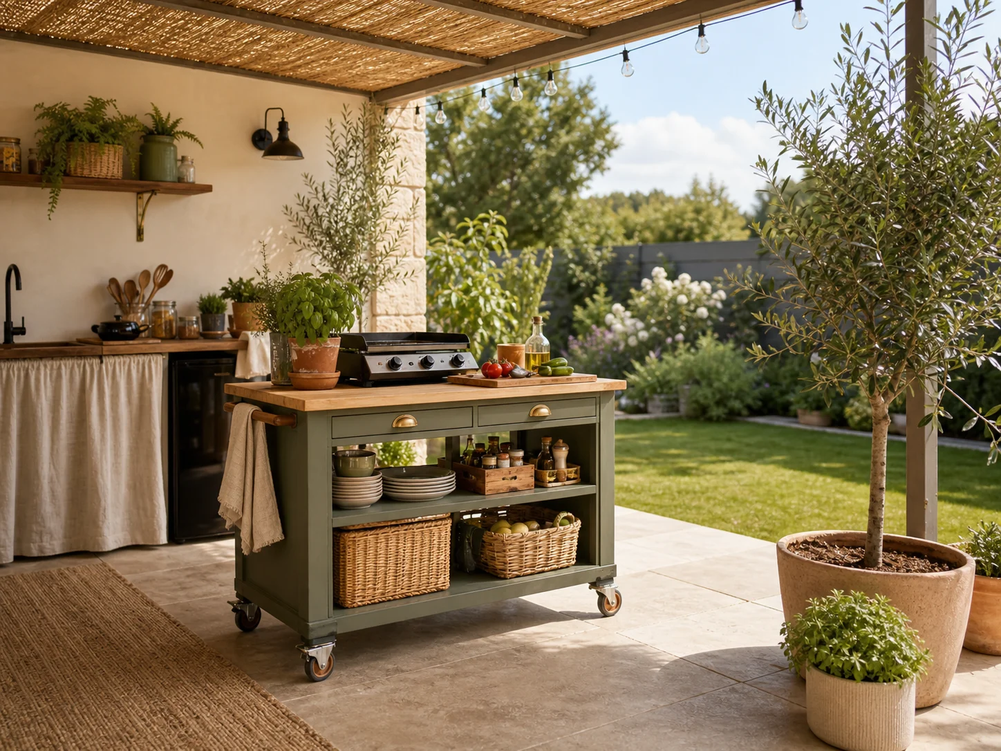 Cuisine d’été sous auvent avec desserte mobile relookée
