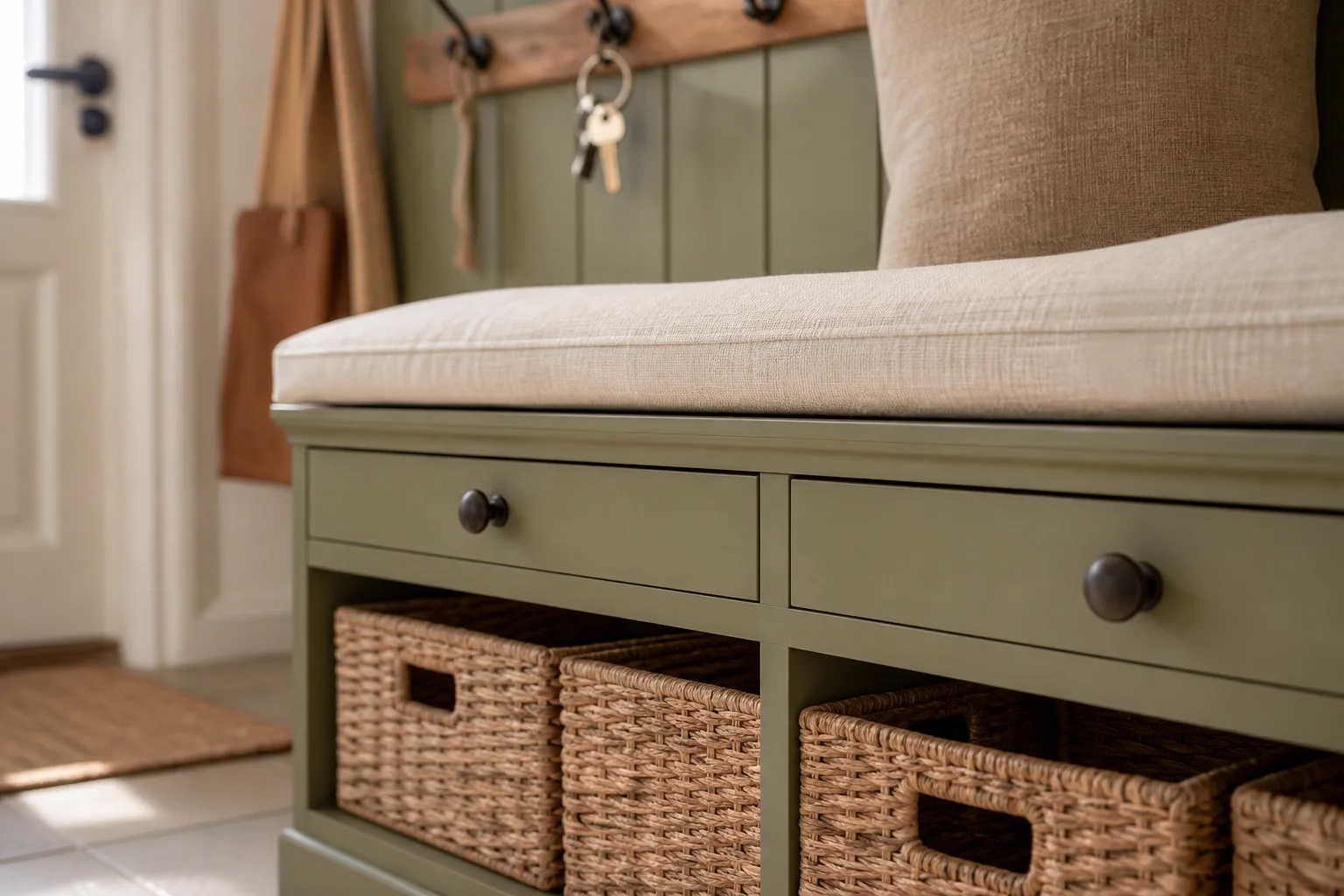 Détail de banc d’entrée relooké avec coussin et paniers