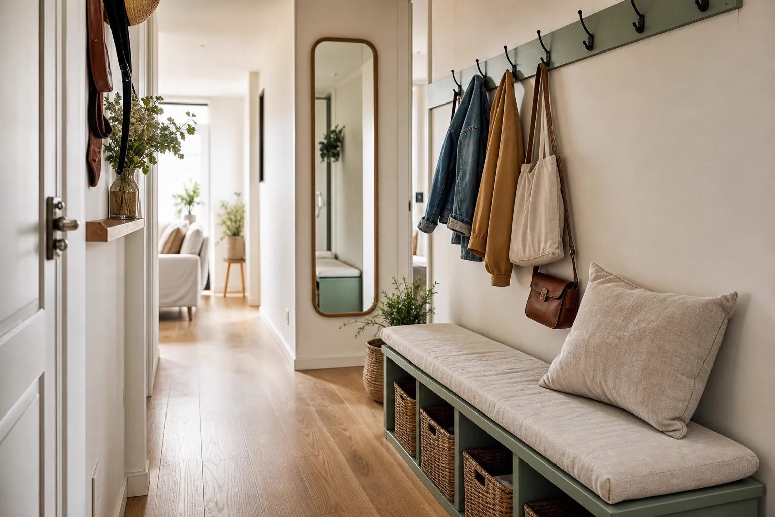 Entrée étroite avec banc rangement relooké et patères murales