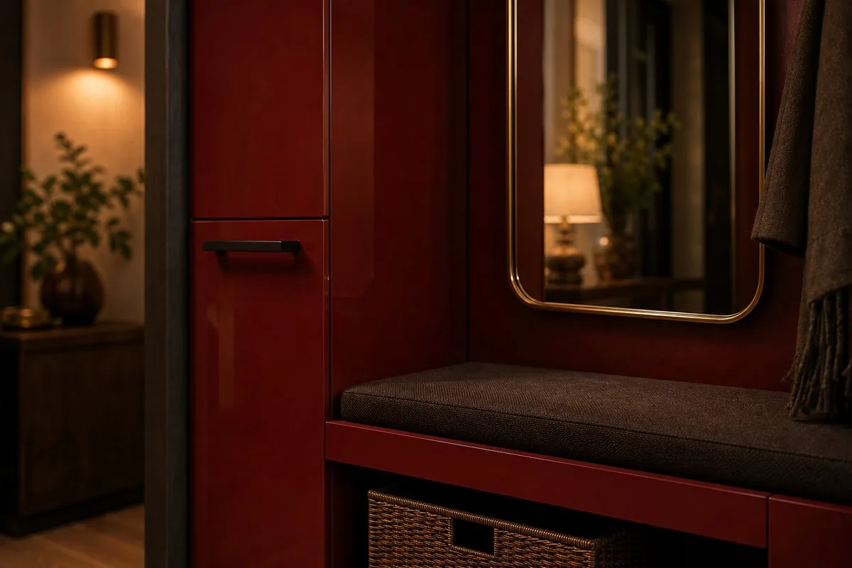 Détail de banc laqué rouge dans une entrée théâtrale