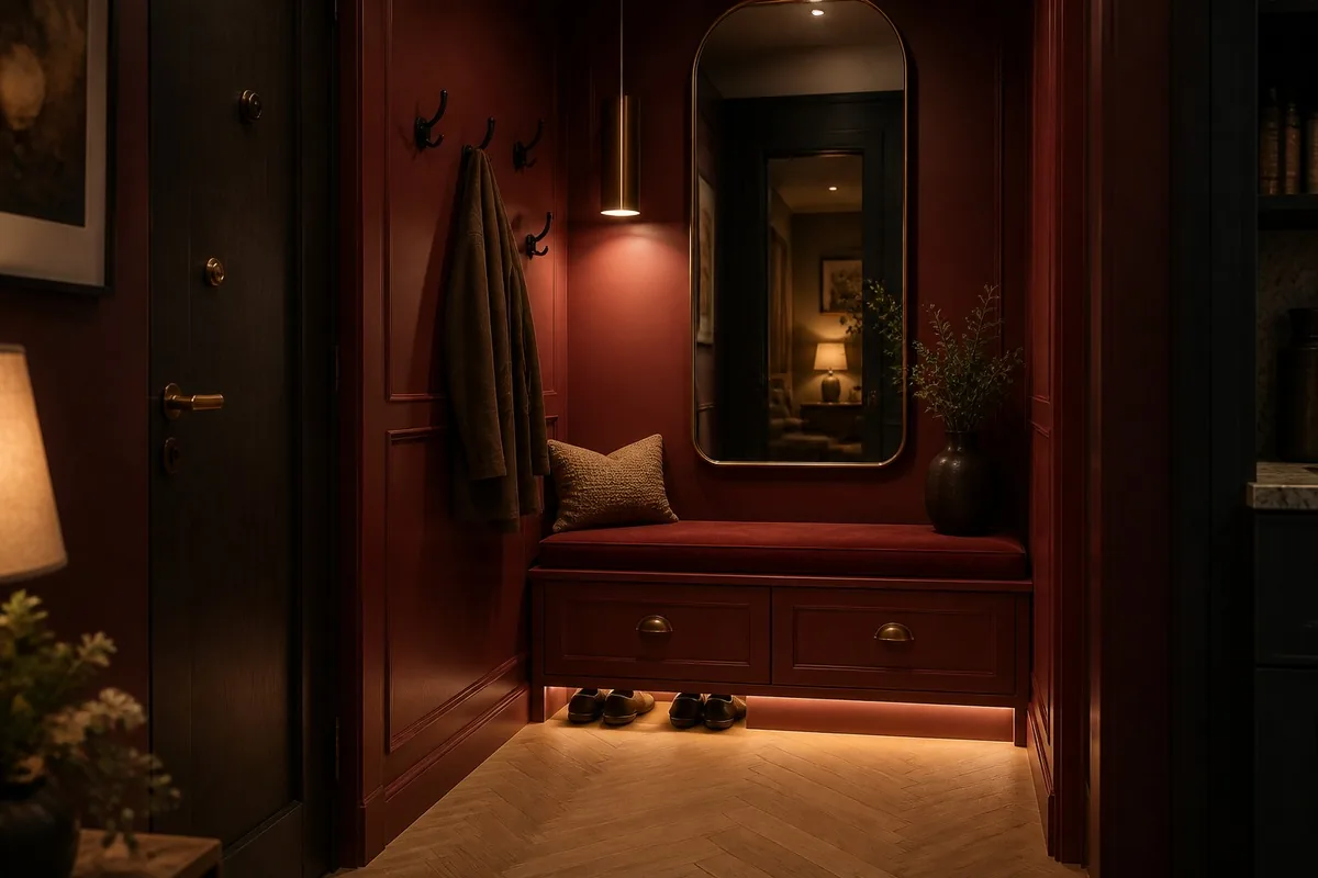 Petite entrée théâtre rouge avec banc laqué et miroir