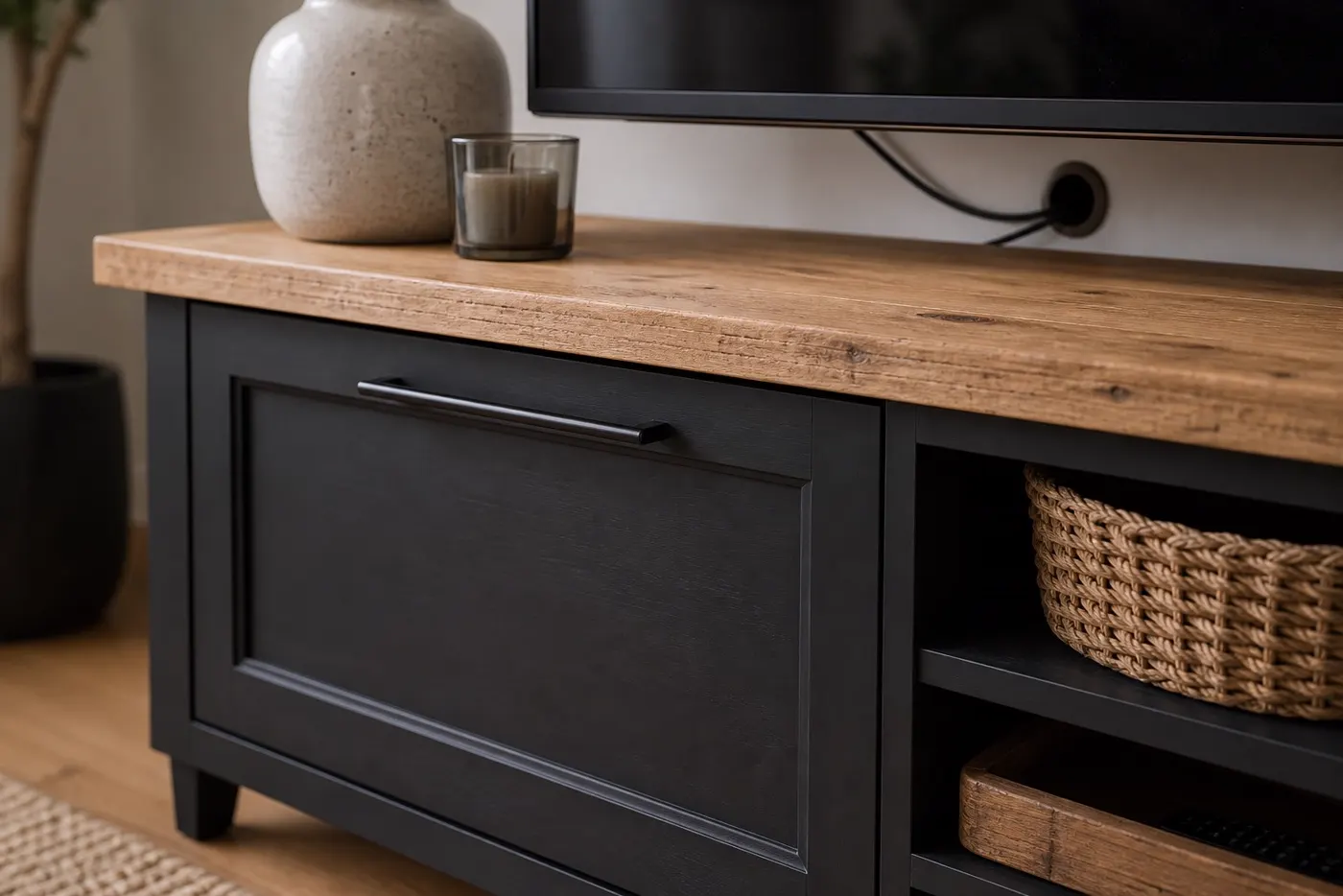 Détail de meuble TV rustique simplifié avec portes mates