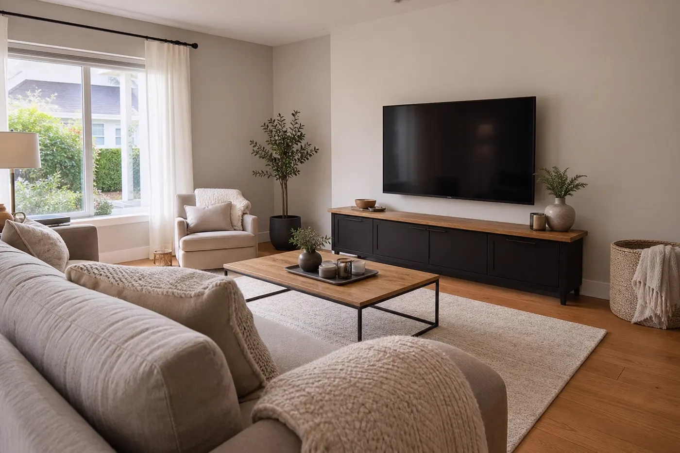 Meuble TV rustique compact modernisé dans un salon familial