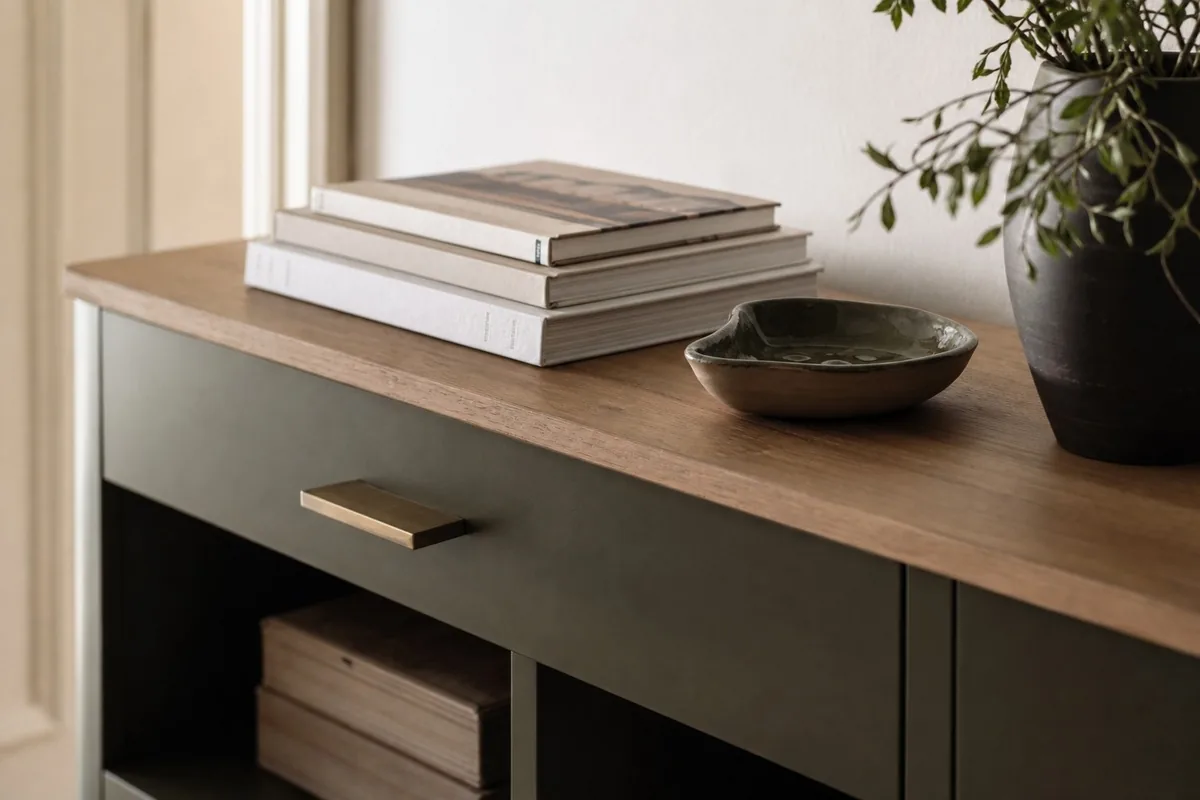 Détail de console bibliothèque relookée dans un couloir
