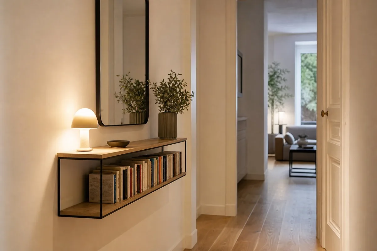 Palier avec console bibliothèque peu profonde et mur utile