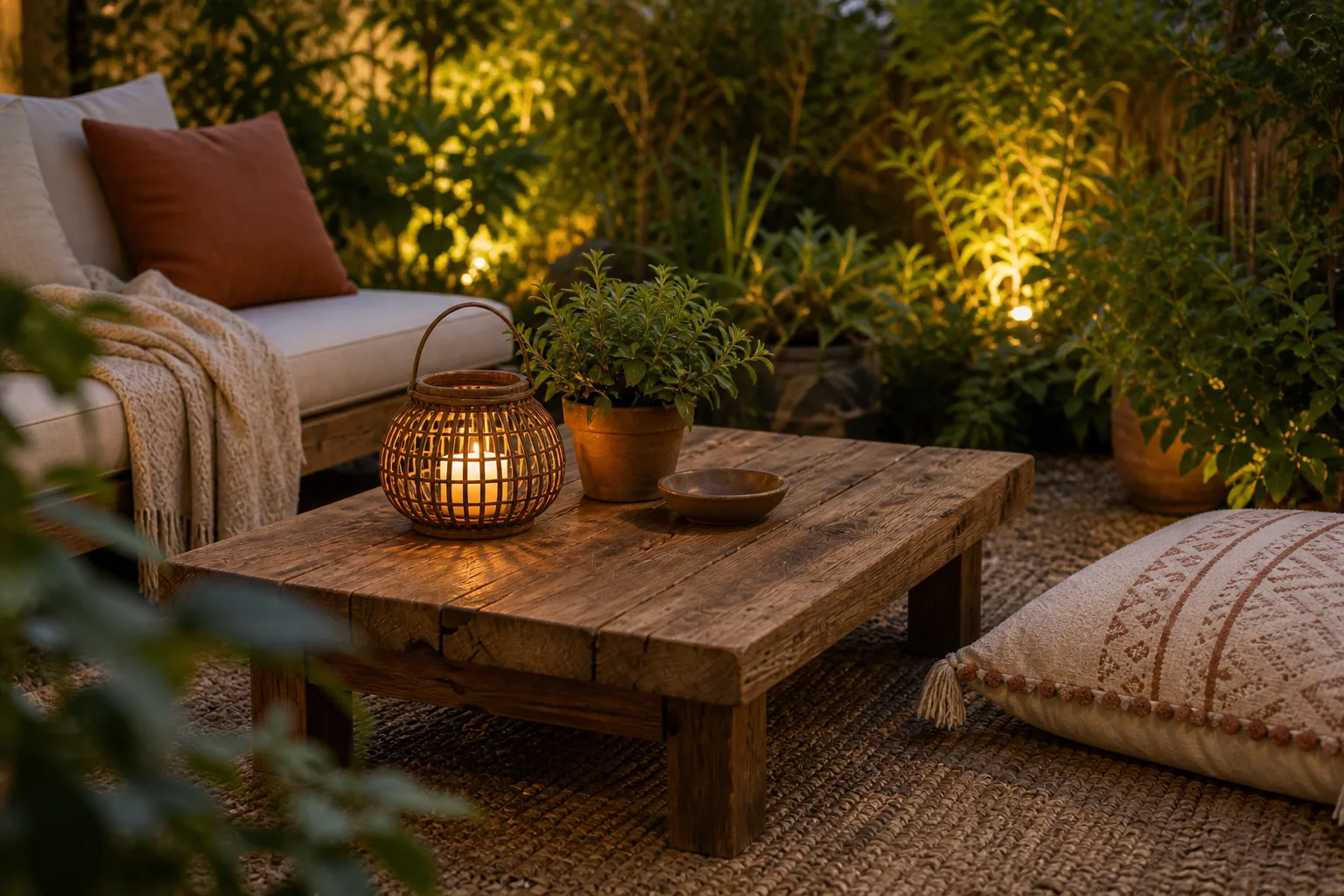 Détail de table basse extérieure récupérée et protégée