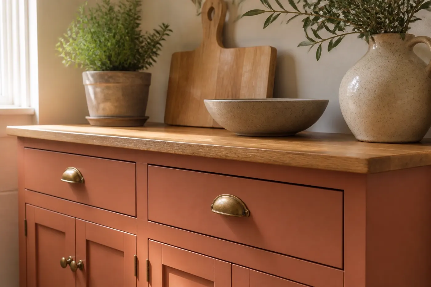 Détail de buffet bas peint en terracotta avec poignées laiton