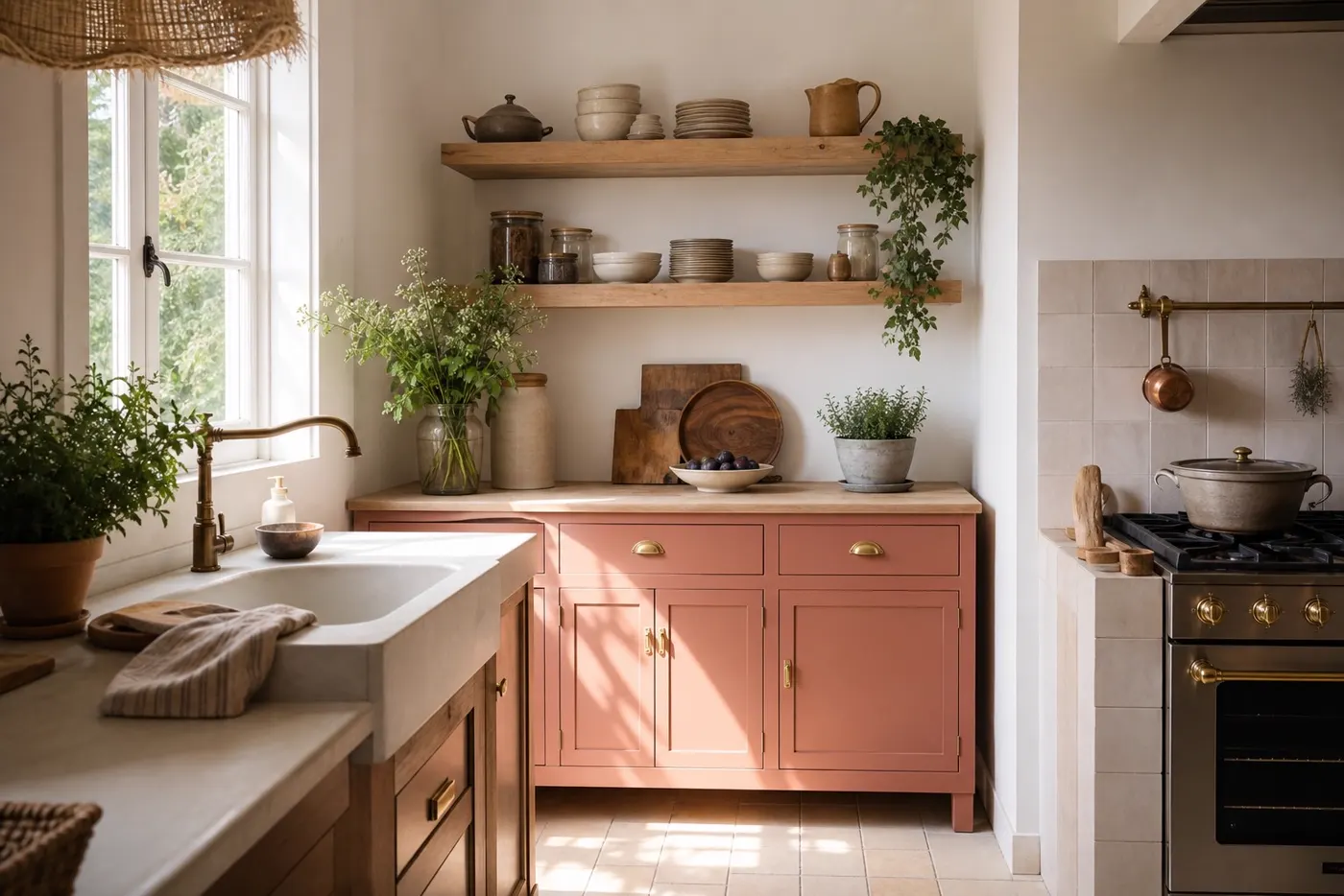 Petite cuisine vintage avec buffet bas coloré et rangements pratiques