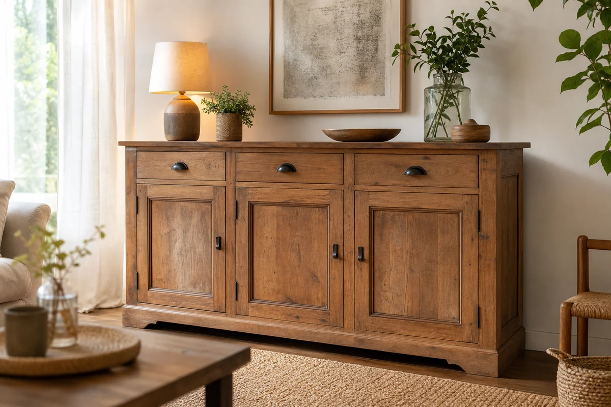 Meuble ancien transformé sans peinture totale dans un salon clair