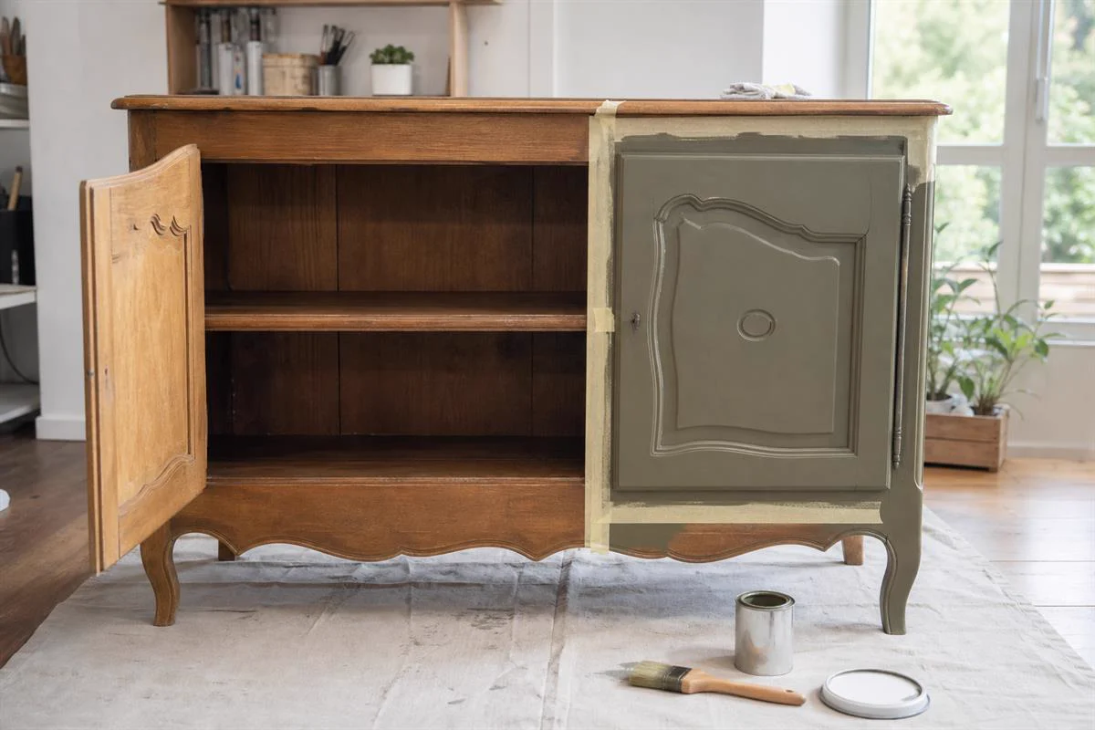 Meuble ancien partiellement masqué avant peinture dans un intérieur clair