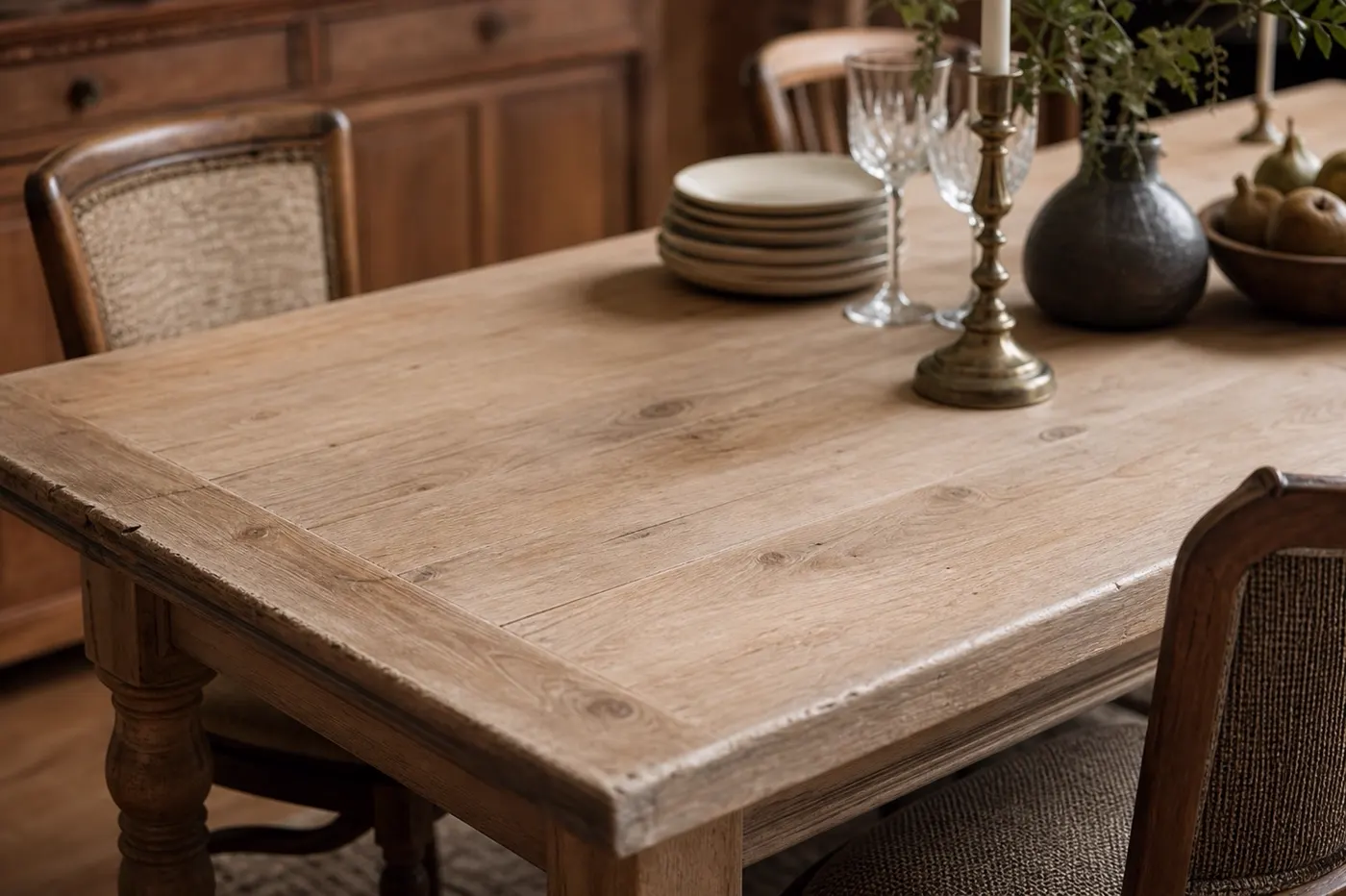 Détail de table ancienne poncée avec poignées et bougeoirs en laiton