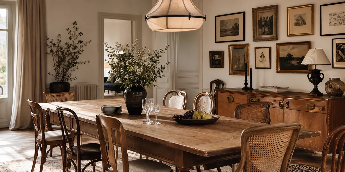 Salle à manger vintage chic avec grande table relookée et chaises dépareillées