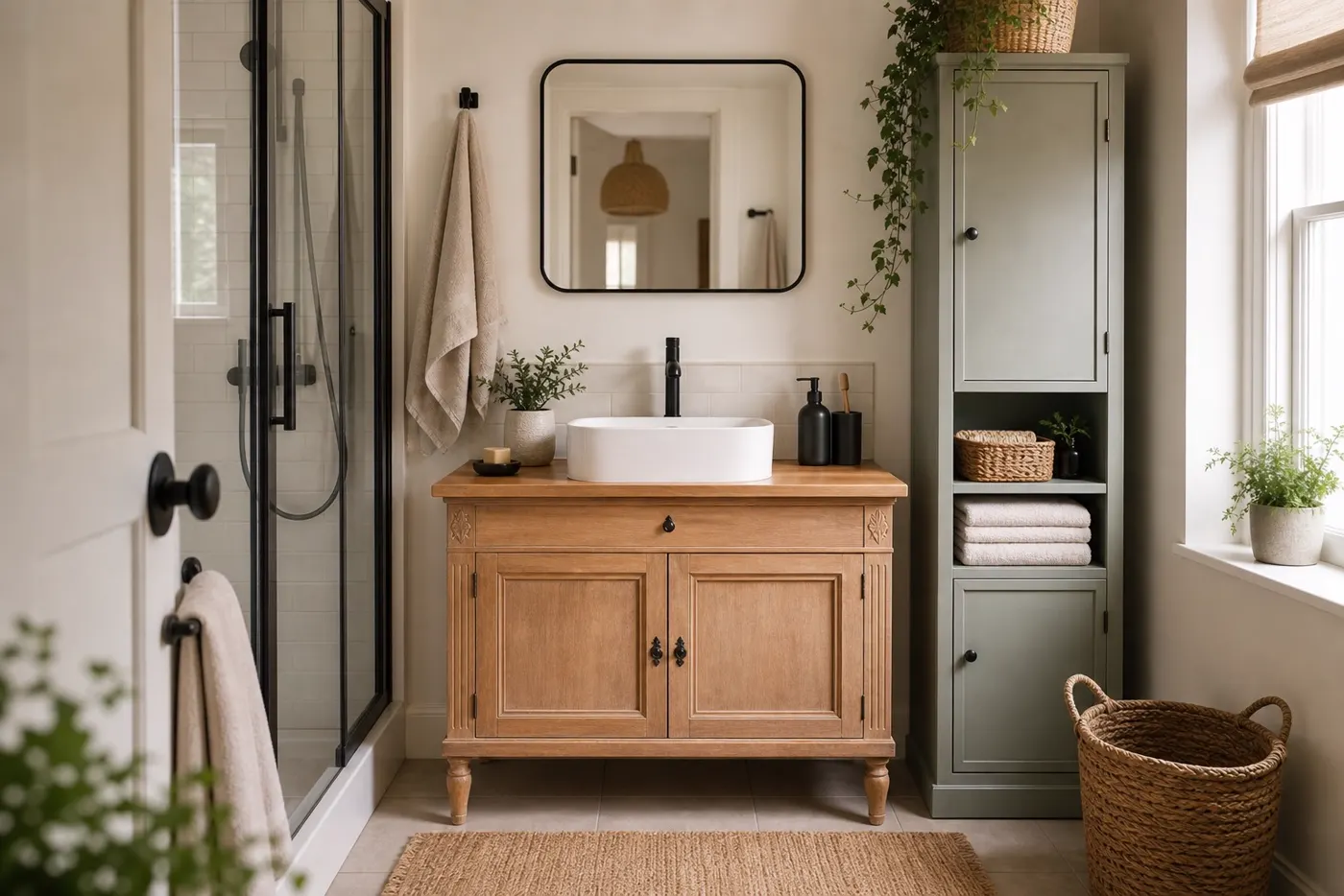 Petite salle de bain simple avec meuble vasque relooké
