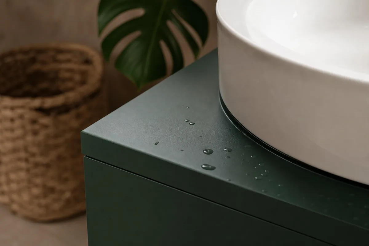 Détail de meuble vasque vert profond protégé contre l’eau