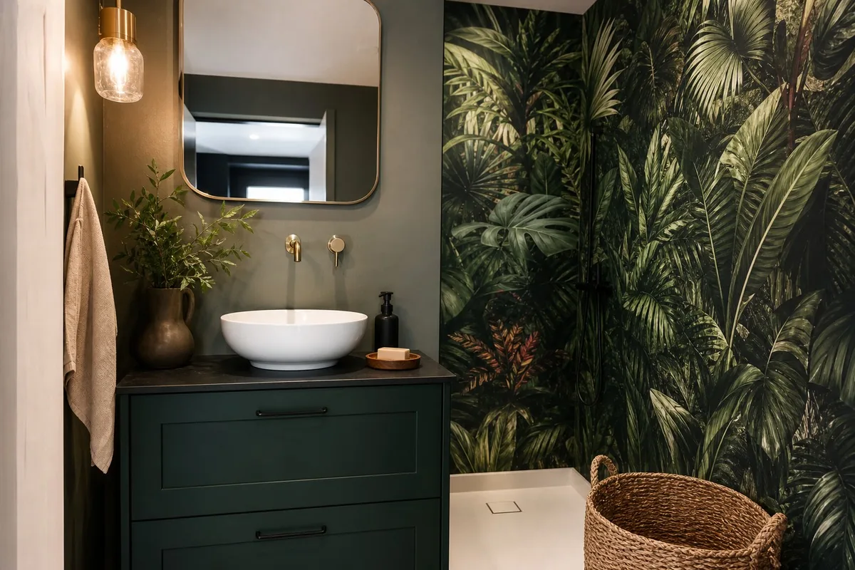 Petite salle d’eau jungle graphique avec meuble vasque vert profond