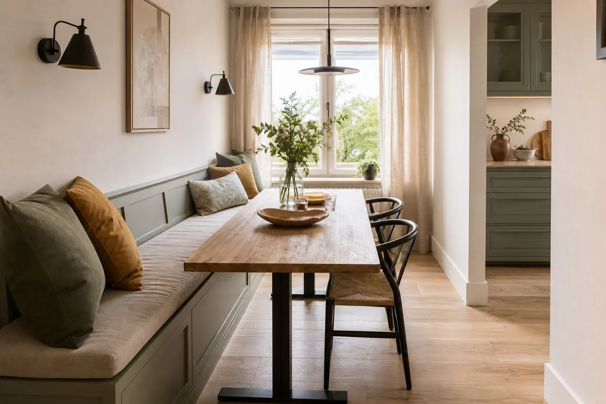 Salle à manger étroite avec banquette coffre et table allégée